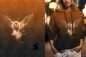 Preview: Einzel Panel " EULE " - Grunge Verlauf - #dunkelgrau/orange - Bio French Terry