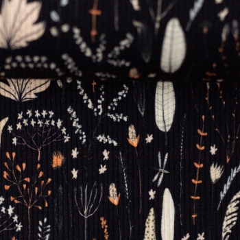 Fein Rib Jersey / Rippjersey - Mia von Swafing - Blätter und Blumen auf Dunkelblau