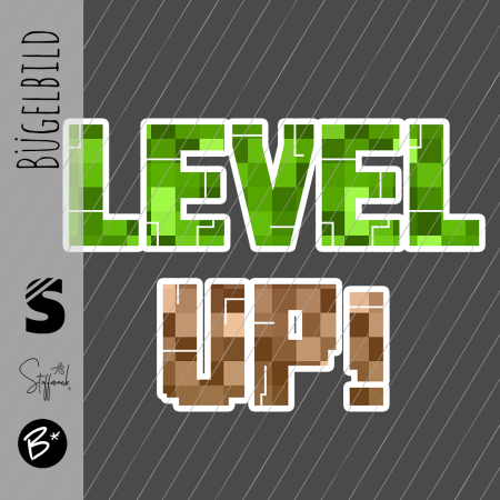 Bügelbild - " LEVEL UP! " PIXEL #grün/braun