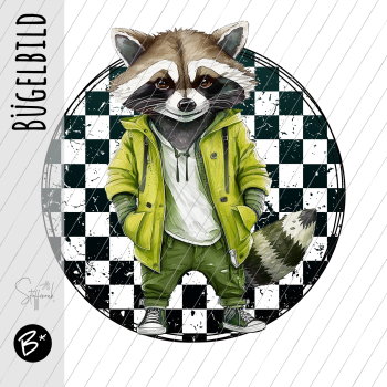 Bügelbild - " Racoon - LIME - Button KARO " Größe nach Auswahl