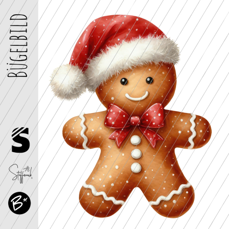 Bügelbild -  " Lebkuchenmännchen mit roter Mütze "