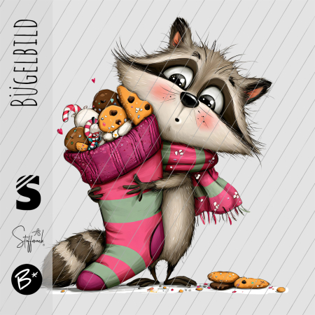 Bügelbild -  " Waschbär mit Weihnachtssocke "