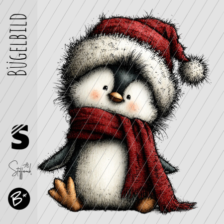 Bügelbild -  " Cute Pinguin mit rotem Schal & Mütze "