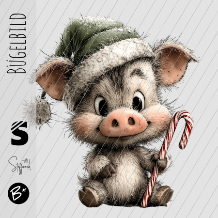 Bügelbild -  " Weihnachtsschwein mit grüner Mütze "