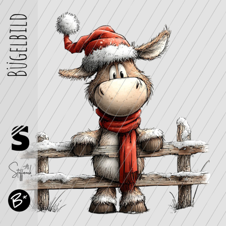 Bügelbild -  " Kuh am Zaun mit Mütze & Schal "