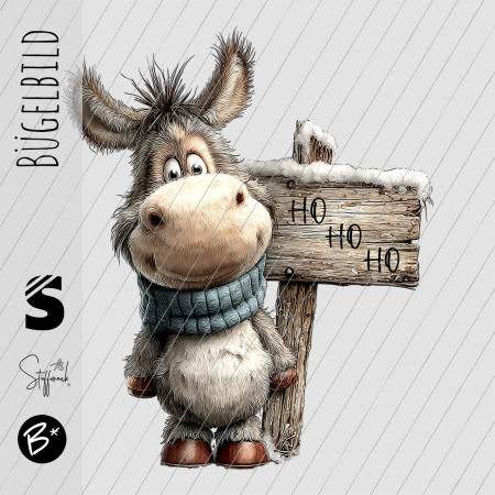 Bügelbild -  " Esel mit Schild - Ho Ho Ho "
