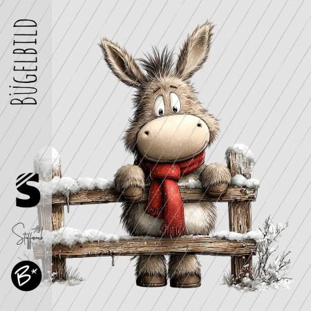 Bügelbild -  " Esel am Zaun (roter Schal) "