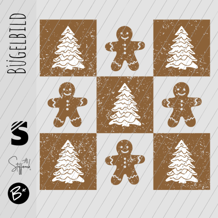 Bügelbild -  " Karo mit Lebkuchenmännchen & Tannen "