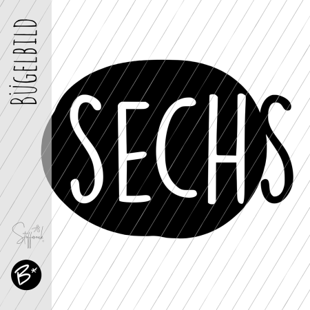 Bügelbild - " SECHS - Button - ca. 14-15cm " - schwarz