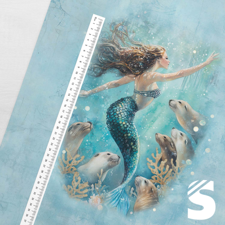 PANEL  Meerjungfrau mit Seelöwen -  French Terry  (Reaktivdruck)