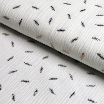 Musselin Double Gauze - Weiß mit Folien Rose Federn
