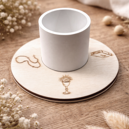 Kerzenhalter Kommunion #weiss ~ optional mit Kerzenring aus Holz ( 4 Symbole zur Kommunion )