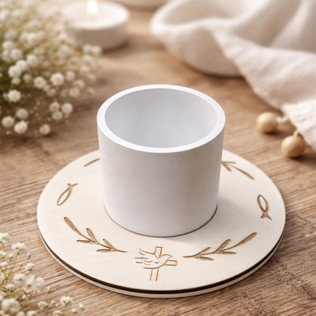 Kerzenhalter Kommunion #weiss ~ optional mit Kerzenring aus Holz ( Zweige/Fische/Taube)