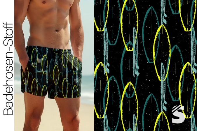 BADEHOSENSTOFF - (gewebt, nicht elastisch) - "Surfbrett #schwarz"