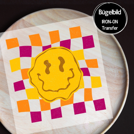 Bügelbild - " Check Smilie distressed #orange magenta "