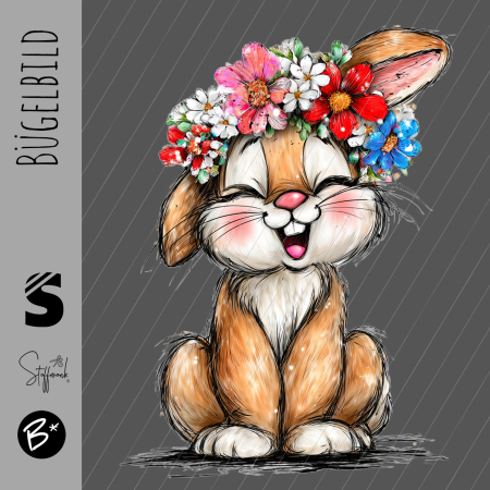 Bügelbild -  " sitzender Hase mit Blumenkranz "