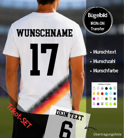SET Trikot - Bügelbild " Wunschfarbe + Wunschname + Wunschzahl " - Größe wählbar