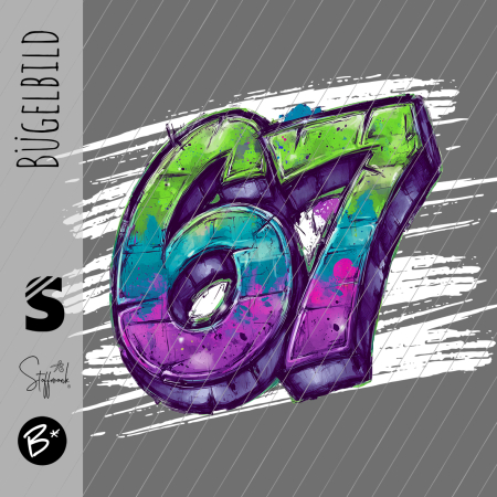 Bügelbild -  " Six Seven 67 # Grün/blau/lila "