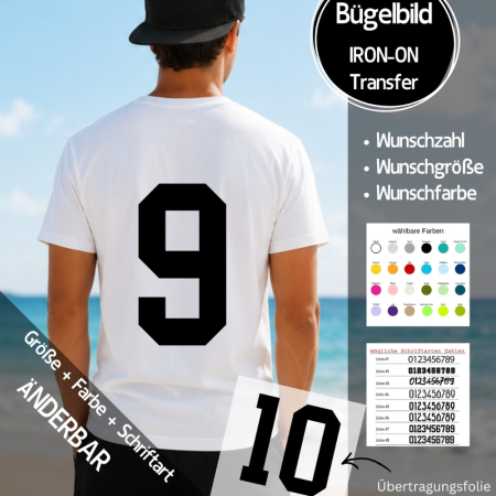 Bügelbild " Zahl - Rückennummer Trikot  " - Farbe & Größe & Schrift  frei wählbar