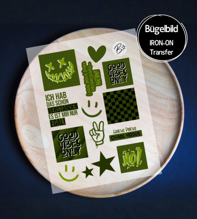 Bügelbild Bogen A6 - Set LABELS " Cool Stuff #army "