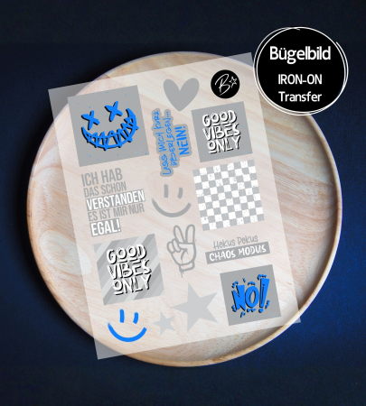 Bügelbild Bogen A6 - Set LABELS " Cool Stuff #grau/blau "