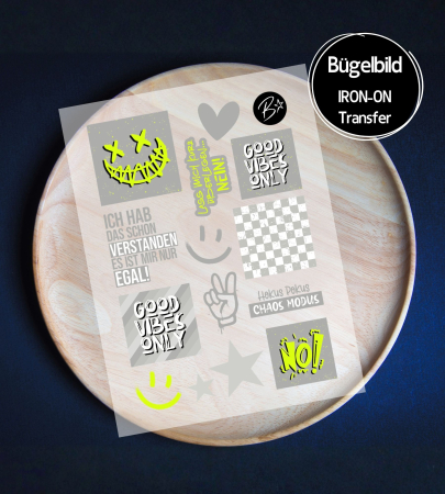 Bügelbild Bogen A6 - Set LABELS " Cool Stuff #grau/lime "