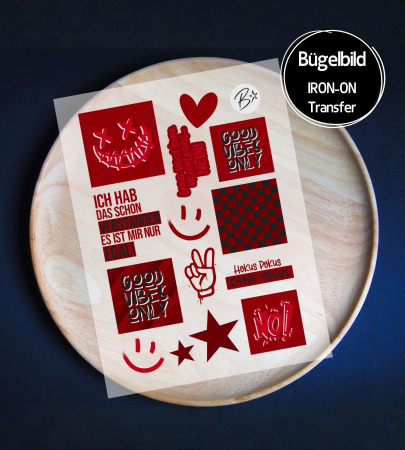 Bügelbild Bogen A6 - Set LABELS " Cool Stuff #rot "