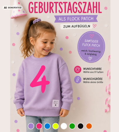 Deine Geburtstags-Zahl - Flock-Patch / Iron on - Wunschfarbe & Größe