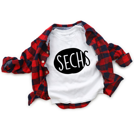 Bügelbild - " SECHS - Button  " - schwarz