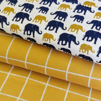 Baumwoll Jersey - Elefanten - Curry/Marine - Swafing