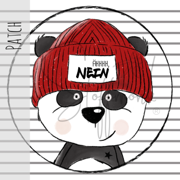 Patch / Aufnäher  - Panda Lou Kopf - Streifen grau/weiß - Rund