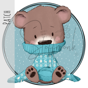 Patch / Aufnäher  - Brauner Bär sitzend - blauer Hintergrund