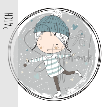 Patch / Aufnäher  - Mädchen mit Schlittschuhen - grauer Hintergrund