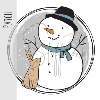 Patch / Aufnäher  - Schneemann mit Hase - grauer Hintergrund
