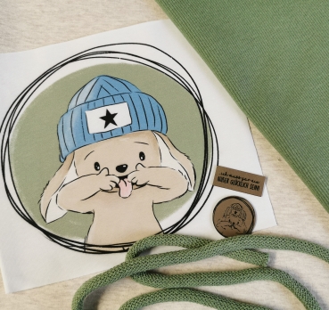 Patch / Aufnäher  - "Klein & Frech" - BLAU Hintergrund Oliv - Rund