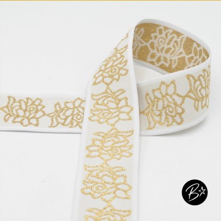 Gummiband  50mm  - #weiss/gold  Blumen