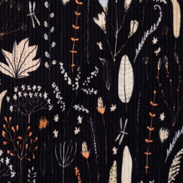 Fein Rib Jersey / Rippjersey - Mia von Swafing - Blätter und Blumen auf Dunkelblau