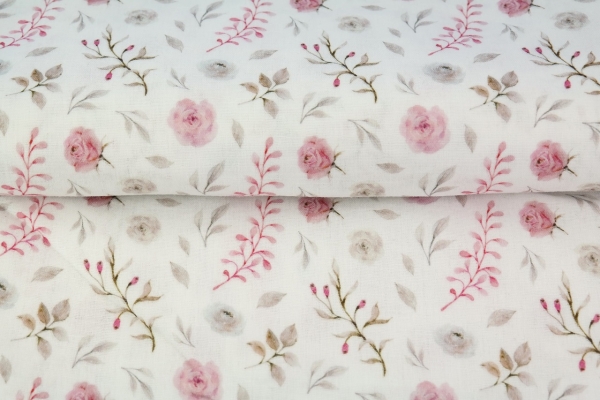 Musselin Double Gauze - Aquarell Rosen - Rosa Weiß