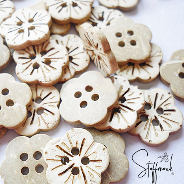 Kokos Knopf hell - Blume 1 - 15 mm - 2 Stück -
