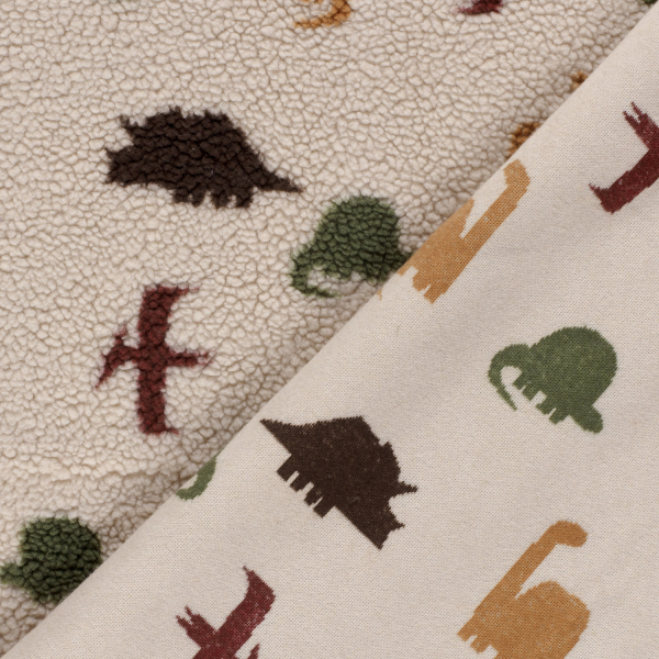 Sherpa Teddy Fleece Stoff - Dinos - Ecru