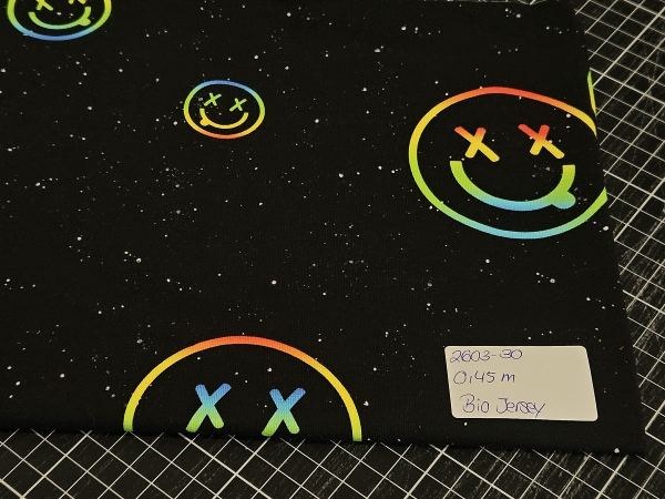 2603-30 - 0,45 Meter Smilies schwarz regenbogen - Bio Jersey