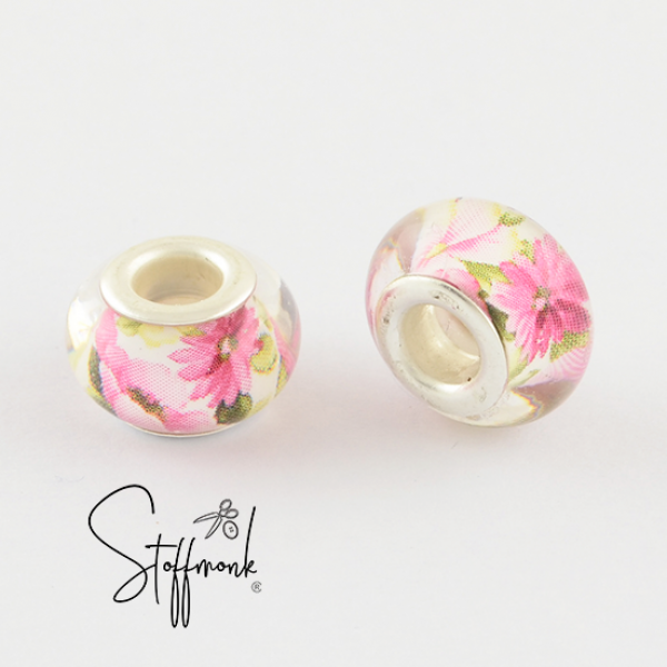 Großlochperlen - Blumen Weiß/Rosa - 2 Stück -