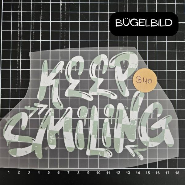 Bügelbild - B40 - KEEP SMILING #karo mint - ca.18cm - 4€
