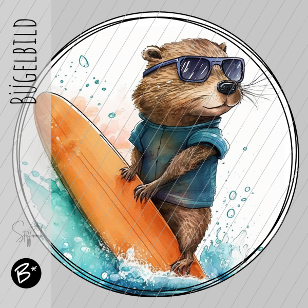 Bügelbild - " Surfer Biber  - Button "