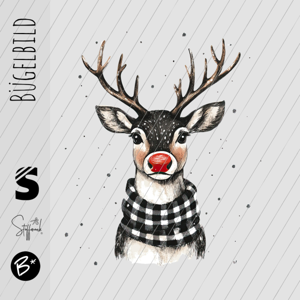 Bügelbild -  " Elch weiss/schwarz " mit roter Nase