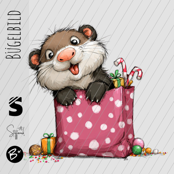 Bügelbild -  " Geschenketüte mit Frettchen "