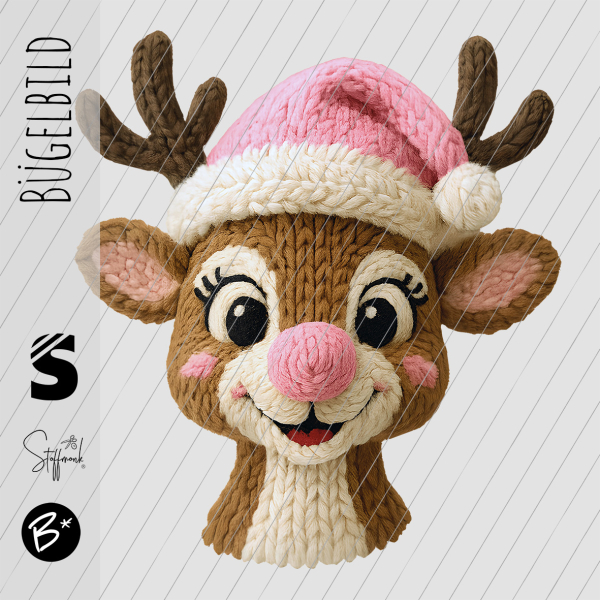 Bügelbild -  " Reh mit Mütze - Strickoptik rosa/beige "