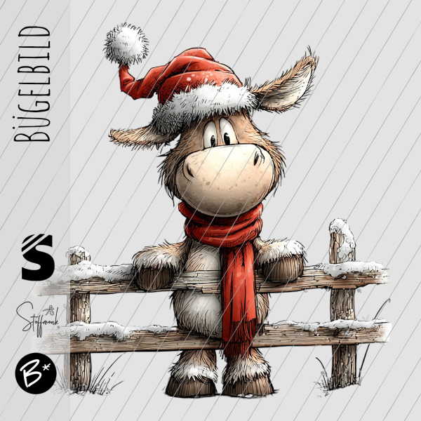 Bügelbild -  " Kuh am Zaun mit Mütze & Schal "