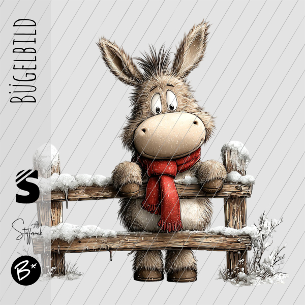 Bügelbild -  " Esel am Zaun (roter Schal) "