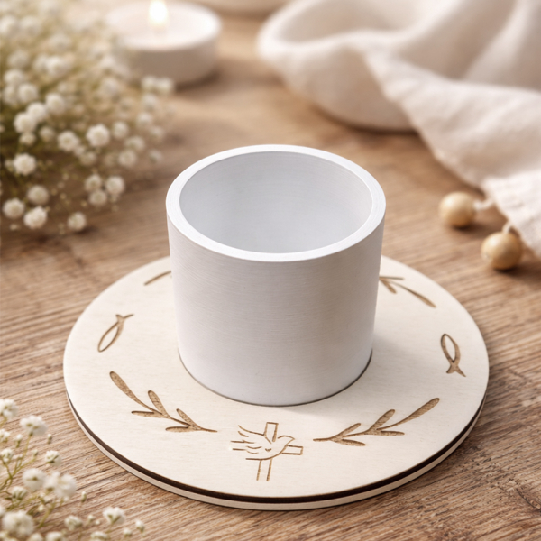 Kerzenhalter Kommunion #weiss ~ optional mit Kerzenring aus Holz ( Zweige/Fische/Taube)